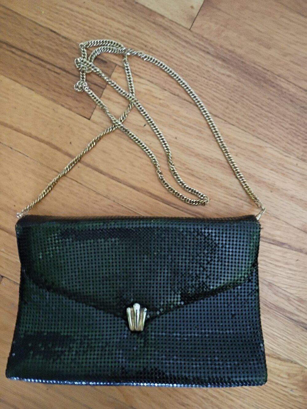 Whiting&Davis vintage black mash gold chain shoulder buckle envelope purse